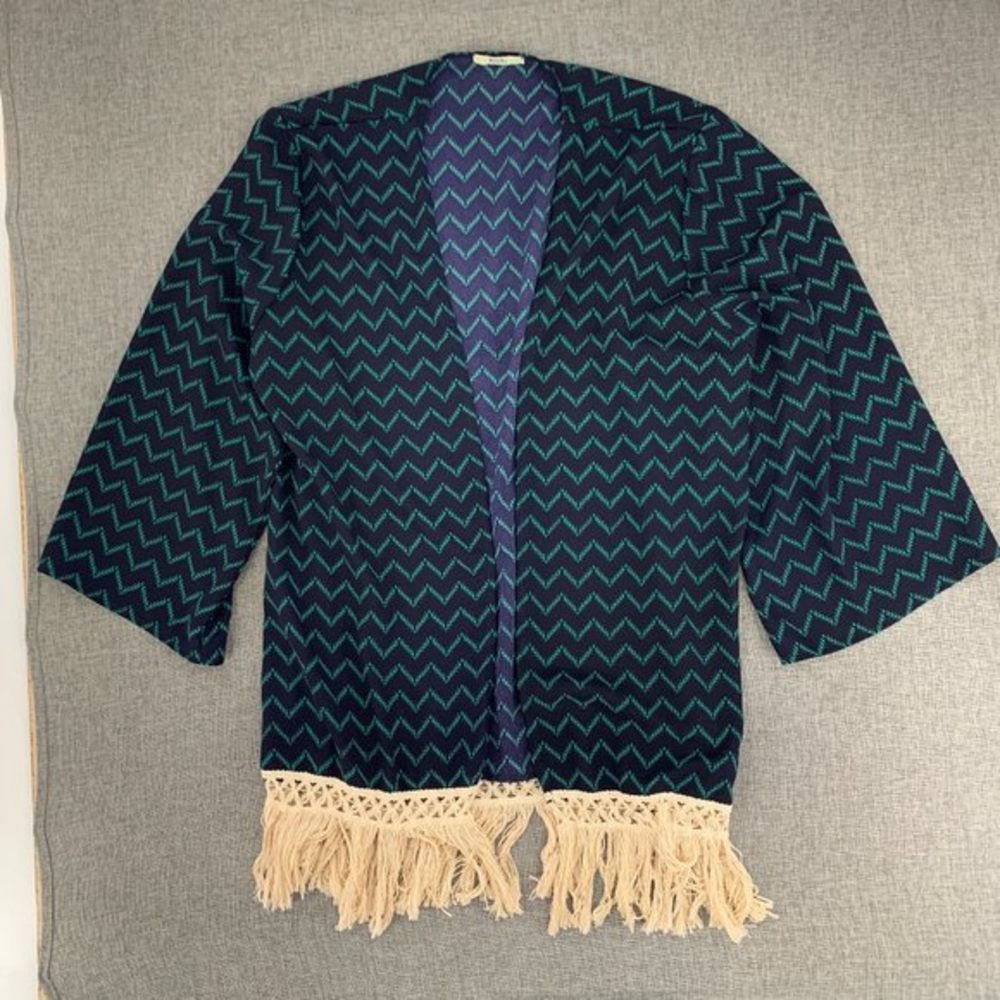 Kori America Open Boho Cardigan Beige Fringe Medium Green Navy Blue Top